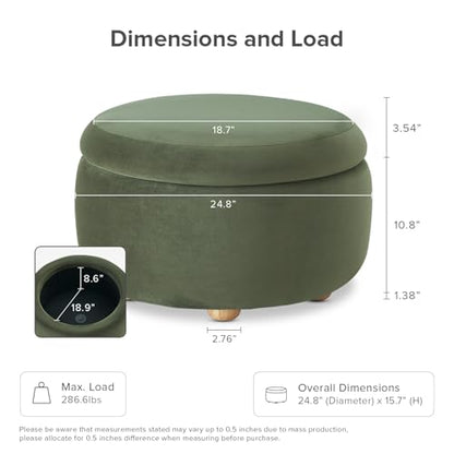 mopio Luna Round Ottoman with Storage and Tray, Round Coffee Table with Storage, Upholstered Foot Stools Ottoman for Living Room, Bedroom, with Solid Rubberwood Legs (Olive Green Premium Velvet) - color: Green Velvet, Round