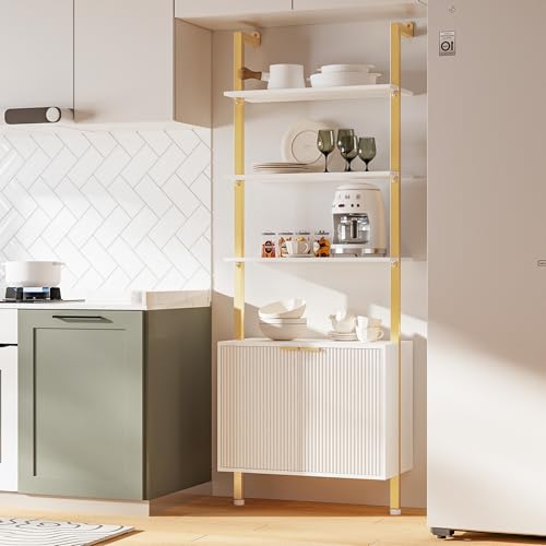 74" Tall Bookshelf with Storage Cabinet, Modern Ladder Shelf with Wood and Metal Frame, Wall Mount Bookcase Open Display Shelf Furniture for Living Room, Bedroom, Home Office, Gold - color: White & Gold