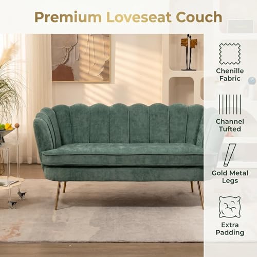 Modern Green Chenille Loveseat Couch Futon Small Sofa with Gold Metal Legs | 2-Seater Upholstered Mini Sofa Couches for Small Space Living Room Bedroom Office Dorm Studio Apartment Love Seat Couche - color: Green