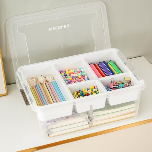 17QT Clear Plastic Craft Storage Box with Removable Tray & Lid - 2 packs | white container, art supply organizer for playdoh, sewing, beads & craft tools, space-saving stackable bins - size: 2Pack-17QT