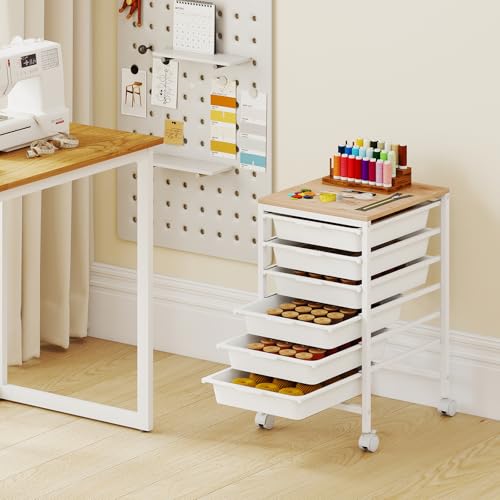 RELAX4LIFE 6-Drawer Rolling Storage Cart - Mobile Art Supply Craft Organizer on Wheels w/Wooden Tabletop & Metal Frame, Utility Storage Cart for Home Living Room Office Classroom (White, 22.5”H) - color: White, size: 22.5”H