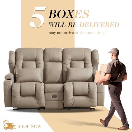 Loveseat Recliner Sofa,RV Wall Hugger Recliners with Flip-up Console,Reclining Loveseat Sofa Recliner with Cup Holders/Lumbar Pillows for Small Spaces,RV Furniture (Khaki,68" 2-Seater) - color: Khaki, size: 68" 2-Seater