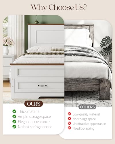 Yoobure Farmhouse Queen Bed Frame - Platform Bed Frame Queen Size with Headboard, Wood Beds with Storage Drawers, Wooden Bedframe with 18" Tall Footboard, No Noise, No Box Spring Needed, White - size: Queen (U.S. Standard)