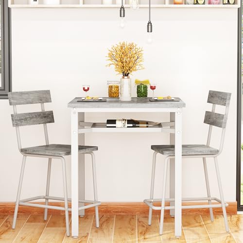 Hooseng 3 Piece Bar Table and Chairs Set, Counter Height Small Dining Table with 2 Bar Stools, Farmhouse Square Kitchen Table with Storage for Bistro, Pub, Small Space - color: Grey
