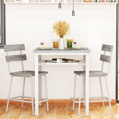 Hooseng 3 Piece Bar Table and Chairs Set, Counter Height Small Dining Table with 2 Bar Stools, Farmhouse Square Kitchen Table with Storage for Bistro, Pub, Small Space - color: Grey