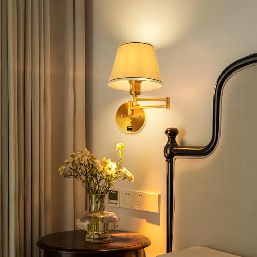 Plug-in Wall Sconce Swing Arm 1-Light Wall Mount Lamp with USB Charging Port Wall Sconce Lighting with Dimmable On Off Switch Gold Fabric Shade Brass Wall Lamp Light Fixture - color: Gold