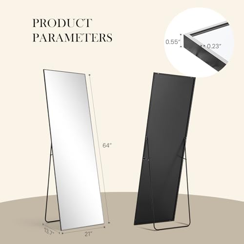 NEWBULIG Full Length Floor Mirror 64"x21", Body Standing Mirror | Wall Hanging or Leaning, Shatter-Proof Glass, Aluminum Alloy Frame with Stand, Home Decor Bedroom, Black - color: Black-rect, size: 64"L x 21"W
