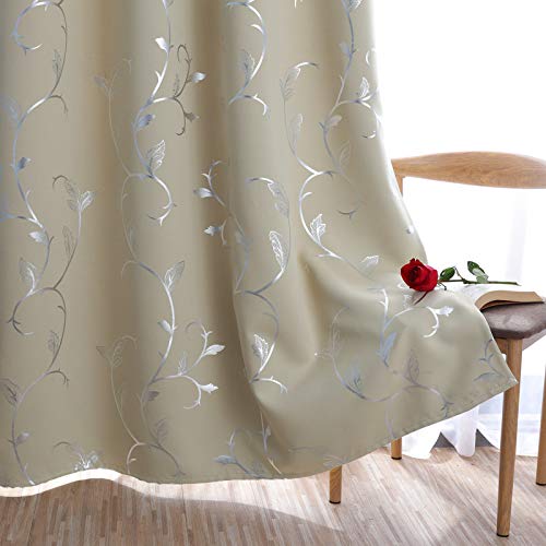 BUHUA Thermal Insulated Blackout Curtains with Striped Wave Vine Print Window Curtains for Living Room 38W×72L Beige 2 Panels - color: Beige, size: 38"W x 72"L (Pack of 2)