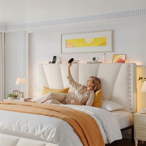 EnHomee King Size Bed Frame with Velvet Headboard, LED Lights & USB, Beige | Adjustable Velvet Headboard, Under-Bed Space,Heavy Duty Support with 12 Silent Slats, No Box Spring Needed, Easy Assembly - color: Beige, size: King (U.S. Standard)