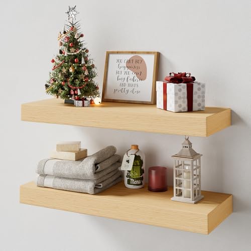 Bathroom White Oak Floating Shelves for Wall, 16W × 8D, Set of 2 | 2" Thick Wooden Wall Shelf, Heavy Duty Bracket, Bedroom Kitchen Living Room, Non-tilting Design, 50LBS Capacity - color: White Oak, size: 16 x 7.9 x 2 (2pc)