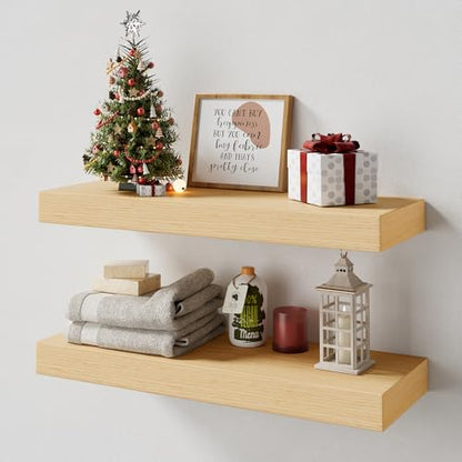 Bathroom White Oak Floating Shelves for Wall, 16W × 8D, Set of 2 | 2" Thick Wooden Wall Shelf, Heavy Duty Bracket, Bedroom Kitchen Living Room, Non-tilting Design, 50LBS Capacity - color: White Oak, size: 16 x 7.9 x 2 (2pc)