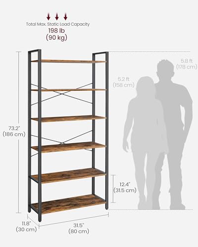 VASAGLE 6-Tier Bookshelf with Steel Frame, 31.5 x 11.8 x 72.6 Inches | Book Shelf, Modern Basic, Living Room, Home Office, Study, Rustic Brown and Matte Black, BARNET Collection ULLS082B01 - color: Rustic Brown + Ink Black, size: 6 Tiers (11.8"D x 31.5"W)