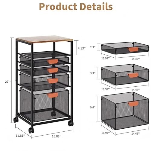 Marbrasse Rolling File Cart with 4 Storage Drawers, Mobile File Cabinet on Lockable Wheels, Hanging Filing Cabinet Organize, Under Desk Utility Cart for Home Office - Dark Brown