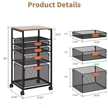 Marbrasse Rolling File Cart with 4 Storage Drawers, Mobile File Cabinet on Lockable Wheels, Hanging Filing Cabinet Organize, Under Desk Utility Cart for Home Office - Dark Brown