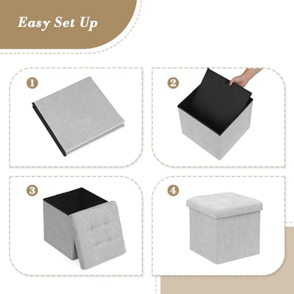Athena Collection 15" Storage Ottoman Bench Folding Bench with 40L Hidden Storage, Small Cube Ottoman Linen Foot Rest Stool Chest with Flipping Lid for Living Room, Bedroom, Entryway, Light Gray