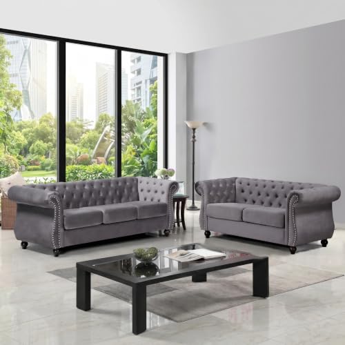 GDFStudio 82.6" Chesterfield Sofa Set, Modern Velvet Upholstered Sofa Set, Comfy 3 Seat Couch with Loveseat for Living Room Apartment, Button Tufted Rolled Arms Solid Wood Legs Spring Cushion, Black - color: Grey, size: 3+2 Seat