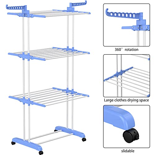 HOMIDEC Clothes Drying Rack, 4-Tier(67.7" H) Foldable Drying Rack Clothing | Foldable Stainless Steel Drying Rack, Movable Laundry Drying Rack with 4 Castors and 14 Hooks for Bed Linen, Clothing, Blue - color: Blue