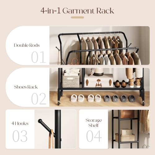 Yoobure Double Rods Clothes Rack - Portable Clothing Rack with Wheels, Rolling Garment Rack with 3-Tier Shelves & 4 Hooks, Freestanding Clothing Racks for Hanging clothes, Coat Rack for Closet Bedroom - color: Black