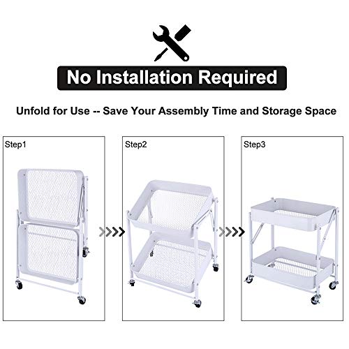 Melody House 2-Tier Metal Folding Rolling Cart, Mobile Utility Cart Trolley Storage Organizer for Office Home Kitchen Organization, Sofa Side End Table with Wheels, White - color: C- White