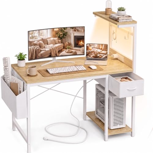Grandder Computer Desk 40 Inch with Power Outlet and LED Light Oak | Gaming Desk with Reversible Shelves and Storage Drawer, Pc Small Desk for Home Office Table with Bag - color: Oak, size: 40 Inch