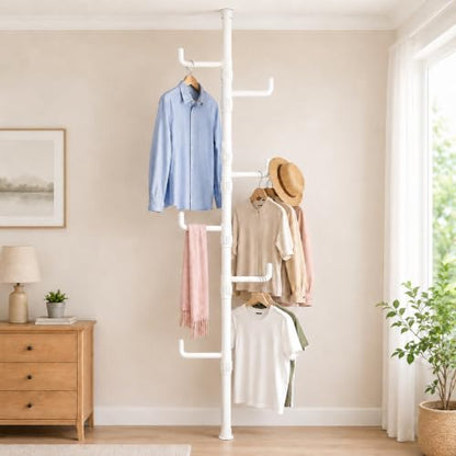 Floor to Ceiling Clothes Drying Rack, Adjustable Tension Pole Laundry Rack for Balcony. Vertical Coat Hanger Stand for Bathroom Bedroom, No Drilling Easy Install Space Saving (White) - color: White