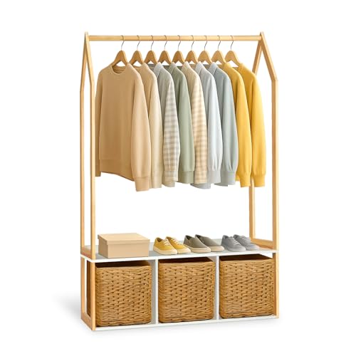 Wood Clothes Rack with Storage, Freestanding Clothing Racks for Hanging Clothes Garment Rack for Bedroom, Entryway, Living Room