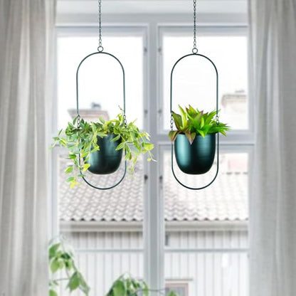 Modern Metal Hanging Planters with 6 Inch Pots and Sleek Chains - Set of 2 Oval Geometric Plant Hangers - Black Wall and Ceiling Mount Flower Holders for Indoor Décor - size: OVAL-6 INCH POT-V2