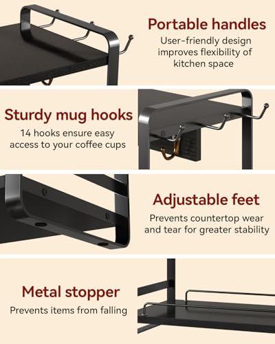 IBUYKE Kitchen Mug Cup Holder,2 Tier Coffee Bar Organizer,Black TBJ006B | Coffee Bar Station Countertop Organizer Coffee Mug Stand with 18 Hooks,Multifunctional Mug Tree for Home Kitchen Office - color: Black