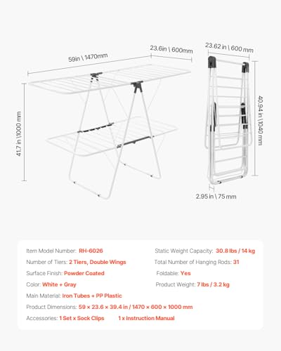 VEVOR Clothes Drying Rack, 2-Tier Foldable Laundry Dryer Rack with Sock Clips & 31 Dry Rods, Metal Height Adjustable Drying Racks for Outdoor & Indoor, Free-Standing & Space-Saving Hanger, White - size: 59"D x 23.6"W x 41.7"H