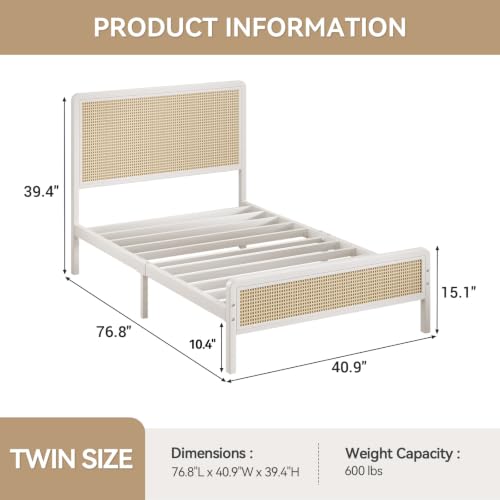IMMERSTABLE Rattan Twin Bed Frame with Headboard, Boho Twin Metal Platform Bed Frame with Steel Slats, Under Bed Storage, Rounded Corners, No Box Spring Needed, Quiet Design, Easy Assembly, White - color: White, size: Twin