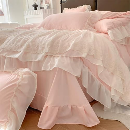 IHOUSTRIY Lace Duvet Cover Twin Size, Chiffon Ruffled Beddding Set with Flower, 2 Pieces Comforter Cover Set with Zipper Closure, Girl Princess Bedding with Pillowcase - Pink, Twin - color: Pink, size: Twin