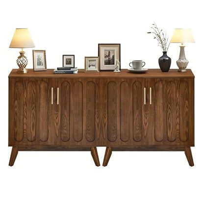 Small Sideboard Buffet,Mid Century Modern Storage Cabinet with Doors | Real Wood Veneer Credenza Storage Cabinet,Living Room Accent Cabinet,Small Walnut Sideboard Buffet,Boho Bar Cabinet - color: Walnut