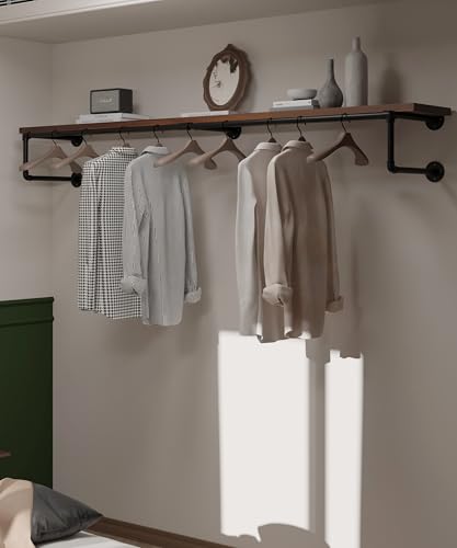 Clothes Rack 70in, Wall Mounted Garment Racks with Walnut Solid Wood Shelf, Heavy Duty Hanging Clothes Rack, Multi-Purpose Hanging Rod, Space-Saving Closet Storage - color: Walnut, size: 1T70IN