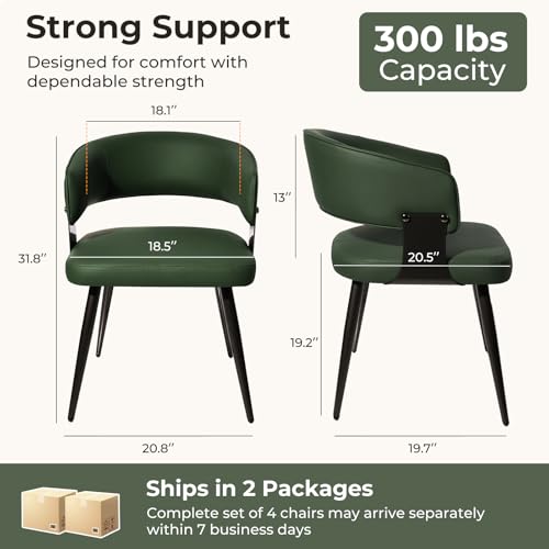 Dining Chairs Set of 4, Modern Upholstered Faux Leather Kitchen Chairs with Curved Back, Easy to Assemble & Clean for Dining Room, Restaurant, Cafe, Green | Faux Leather Upholstery, Curved Back, Metal Legs, Easy Clean, Dining Room, Kitchen, Breakfast Nook