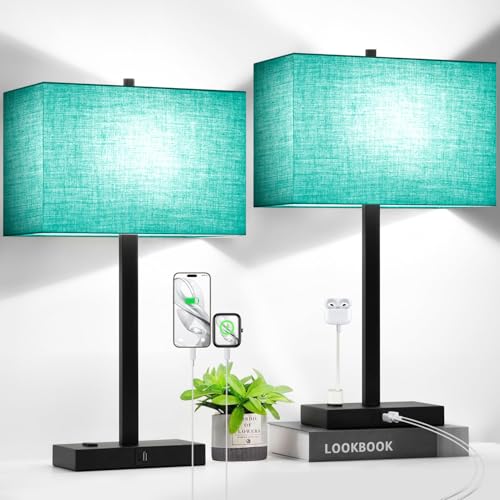 Lynnoland 21" Set of 2 Table lamp with USB A+C & AC Outlets, Touch Control 3-Way Dimmable Nightstand Lamps for Bedroom Living Room Office Reading, Green Shade Touch Lamps, 5000K LED Bulbs Included - color: (2 Pack)Green Linen & Matte Black (Base)-5000K Bu