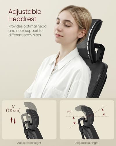 VASAGLE Office Chair, Adjustable Mesh with Lumbar Support and Headrest | Ergonomic desk chair, 90-105° tilt function, wide seat, flip-up armrests, home office, Ink Black UOBN044BH01S - color: Ink Black, size: Set of 1, style: Office Chair With Headrest