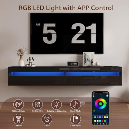 basenji 71" Floating TV Stand Wall Mounted,Solid Wood Entertainment Center with LED Lighting & Power Outlet, High-Gloss Modern Media Console for TVs up to 85",Tv Consoles for Living Room,Black - color: Black