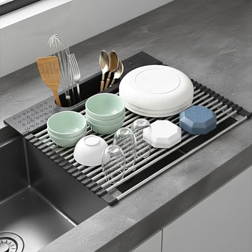 Roll Up Dish Drying Rack Over Sink, 17.5" x 15.2" Foldable SUS304 Stainless Steel Kitchen Dish Drainer, Heat-Resistant Multipurpose Rolling Sink Rack Organizer,Black - size: Black（17.5" X 15.2"）