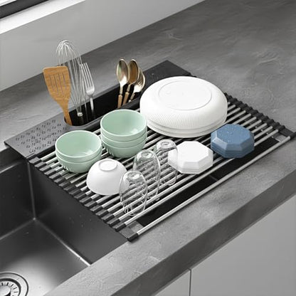 Roll Up Dish Drying Rack Over Sink, 17.5" x 15.2" Foldable SUS304 Stainless Steel Kitchen Dish Drainer, Heat-Resistant Multipurpose Rolling Sink Rack Organizer,Black - size: Black（17.5" X 15.2"）