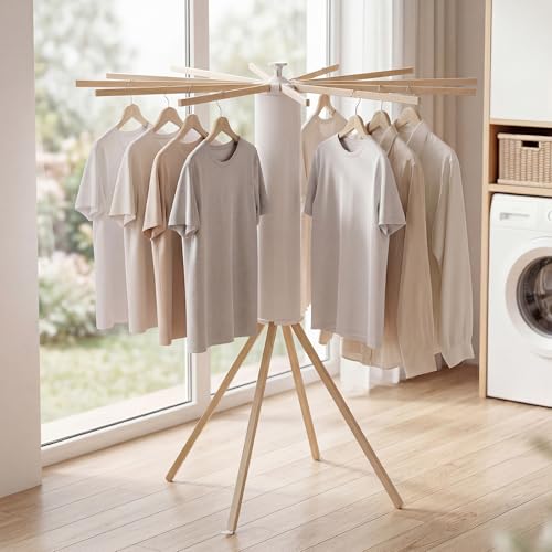 4 Legs Clothes Drying Rack, Foldable Laundry Rack with 12 Rotating Arms, Space-Saving Standing Drying Rack for Indoor/Outdoor, Balcony and Laundry Room