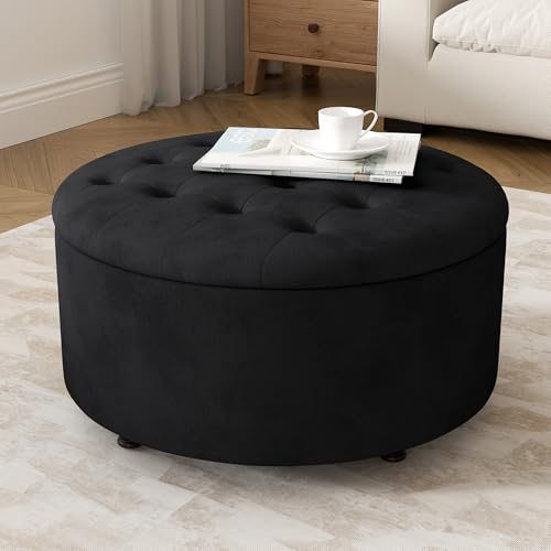 30 Inch Round Storage Ottoman,Modern Tufted Ottomans,Circular Coffee Table with Removable Top,Upholstered Large Ottoman with Storage Footrest Stool for Bedroom Living Room (Black) - color: Black, size: 30"D x 30"W x 16.9"H