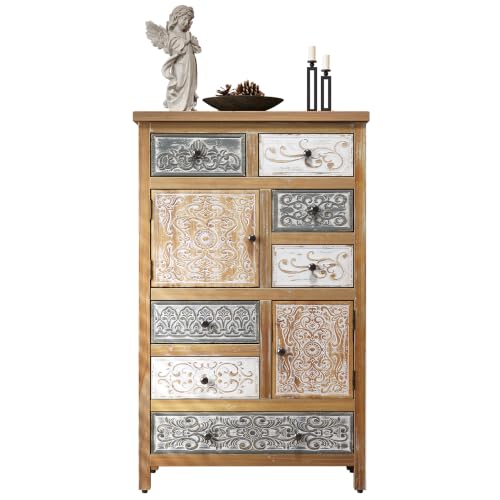 Solid Wood Tall Accent Chest with Drawers,Carved Storage Cabinet | Storage Drawers,Solid Wood Material,Hand-Carved Finish,Hallway/Entryway or Living Room,Boho/French Country Style;Natural Wood - color: Natural Wood-47"tall