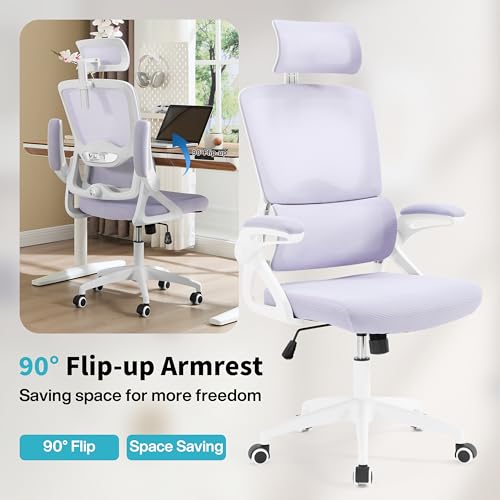 Ergonomic Office Chair,Mesh Office Chair with Lumbar Support,High Back Desk Chair with Flip-up Arms,400 lbs Big and Tall Computer Chair with Headrest,Comfy Desk Chairs (Lavender) - color: Lavender