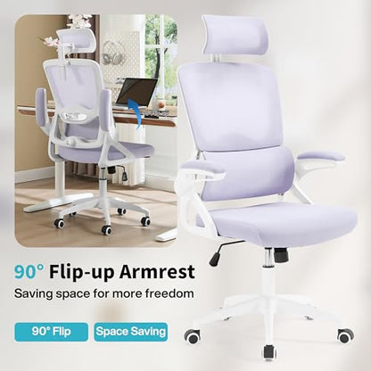 Ergonomic Office Chair,Mesh Office Chair with Lumbar Support,High Back Desk Chair with Flip-up Arms,400 lbs Big and Tall Computer Chair with Headrest,Comfy Desk Chairs (Lavender) - color: Lavender