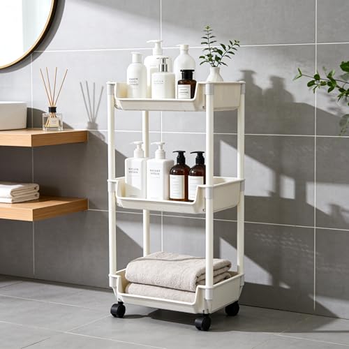 3-Tier Rolling Storage Cart, White Plastic, Slim Organizer for Kitchen, Bathroom, and Office, 11 x 7.5 x 44 Inches