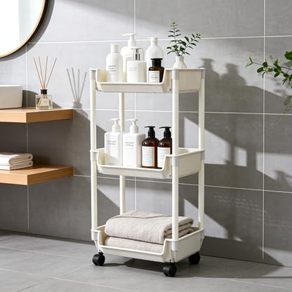3-Tier Rolling Storage Cart, White Plastic, Slim Organizer for Kitchen, Bathroom, and Office, 11 x 7.5 x 44 Inches