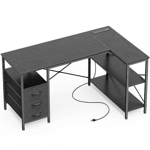Huuger L Shaped Office Desk with Power Outlets & 3 Drawers | 47 Inch Computer Desk with Shelves, for Gaming, Corner Work, Home Office, Study, Black - color: Black, size: 47inch
