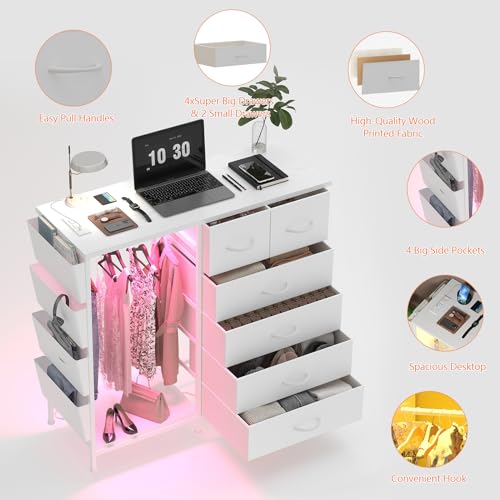 6 Drawer Dresser for Bedroom with Clothes Rack, Clothes Dresser with Side Pockets and Hooks, Charging Station & LED Lights, Wooden Top, Fabric Storage (White) - color: White
