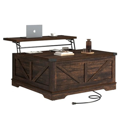Hlivelood 40” Large Farmhouse Lift Top Coffee Table with Power Outlets and Large Hidden Storage, Square Wood Living Room Tables, Multi-Function Lift Wooden Barn Door Center Table, Brown - color: Brown