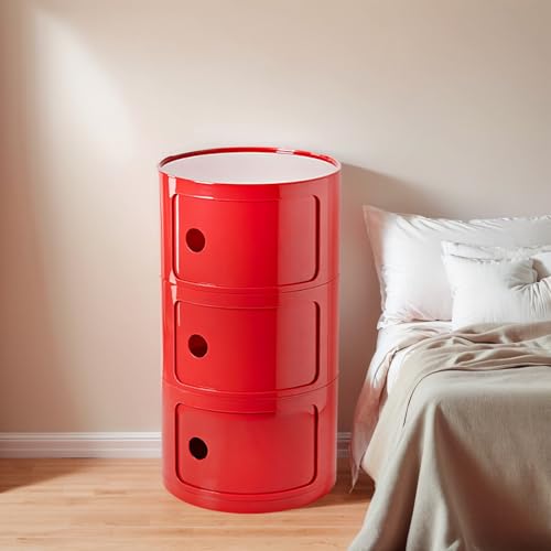 3 Tier Round Nightstand with Drawer, Red Round Side Table Small Plastic Storage End Table for Bedroom, Living Room, Bathroom - color: Red
